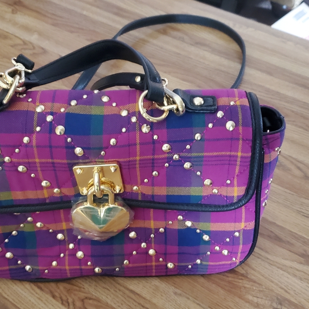 BRAND NEW BETSEYVILLE BETSEY JOHNSON Plaid Studded Handbag with Heart Lock